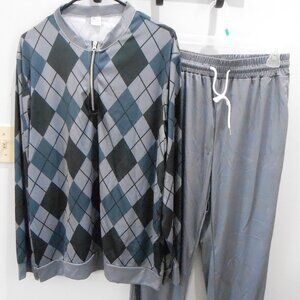 Men's 2 Pc Gray Blue Black Argyle Long Sleeve Shirt Gray Pants Track Suit Size-L
